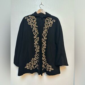 Vintage Made In USA Black Cape with Gold Embroidery and pockets